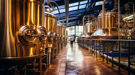 Craftsmanship and quality  workers inspecting golden brew in traditional beer production facilityの素材