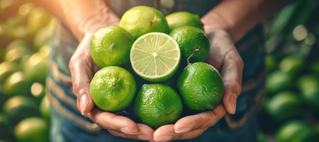 Fresh tangy lime held in hand with selection of limes on blurred background for text placementの素材