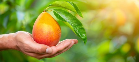 Ripe mango held in hand with blurred background, mango selection display with copy spaceの素材
