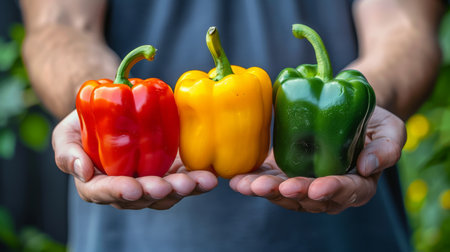 Colorful bell peppers held with copy space on blurred background for text placementの素材
