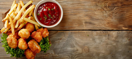Top view of traditional chicken nuggets and fries on wooden table with space for textの素材