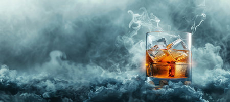 Whiskey glass with ice on dark blurred backdrop, ideal for text, atmospheric settingの素材
