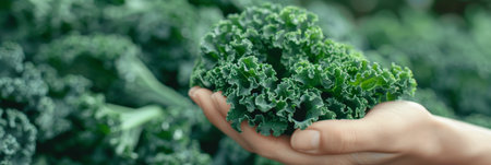 Close up of hand holding fresh kale with blurred background, ideal for text placementの素材