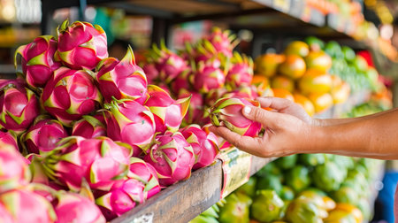 Dragon fruit selection  hand holding vibrant dragon fruit on blurred background with copy spaceの素材