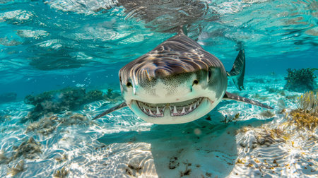 Majestic underwater wildlife  blue shark in its natural ocean habitat, outdoor sea environmentの素材
