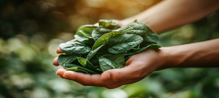 Fresh spinach leaves in hand with blurred background, ideal selection with copy spaceの素材