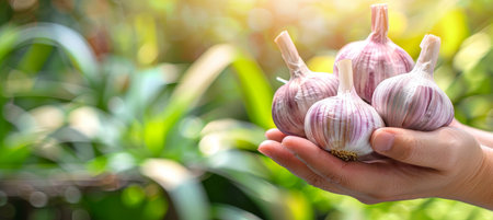Hand holding garlic bulb with blurred background, offering ideal copy space for text placementの素材