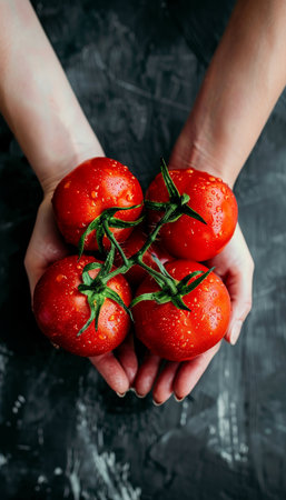 Fresh ripe tomato held in hand, selection of tomatoes on blurred background with copy spaceの素材