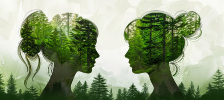 Double exposure of male and female silhouettes against lush forest landscape backdropの素材