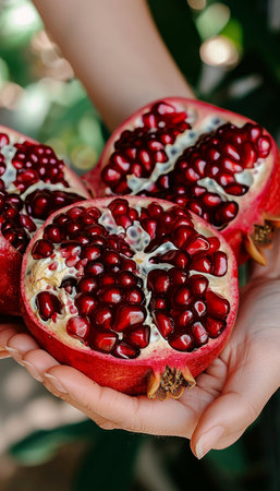 Ripe pomegranate held in hand, selection of pomegranates on blurred background with copy spaceの素材