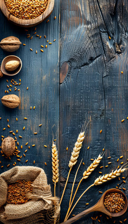 Organic golden wheat grains on wooden table with space for text placement, eco friendly decorationの素材