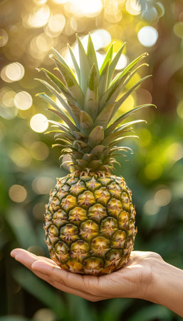 Hand holding pineapple slice with blurred pineapple selection in background for text placementの素材