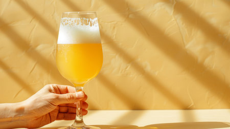 Side view of hand holding beer glass isolated on pastel background with copy spaceの素材