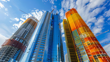 Colorful hoarding at high rise building construction site with emerging building outlineの素材