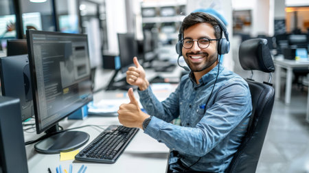 Friendly male customer service agent with thumbs up gesture in modern call center workspaceの素材
