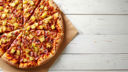 Delicious hawaiian pizza top view on bright white background with space for text placementの素材