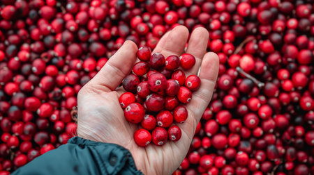 Hand holding tart cranberries on blurred background, with ample space for text placementの素材