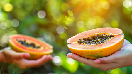 Hand holding ripe papaya with blurred background for papaya selection, copy space availableの素材