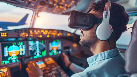 Aviation school  vr pilot exam in flight simulator cabin, controlling virtual aircraft simulation.の素材