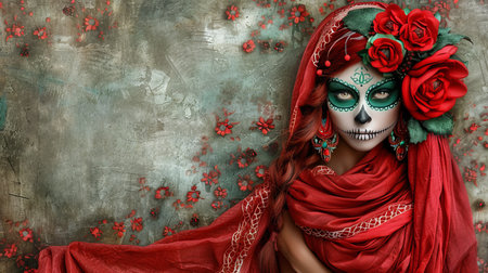Day of the dead skeleton face painting background with space for text in celebrationの素材