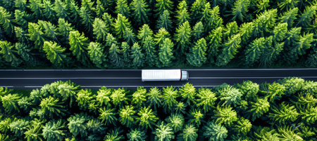 Aerial drone view of car and truck driving on road through scenic green forest landscapeの素材