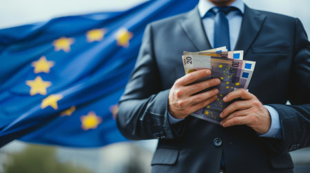 Close up of businessman s hands in suit holding euro bills with blurred eu flag, space for text.の素材