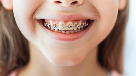 Happy child showing off healthy white teeth with metal braces on bright white background.の素材