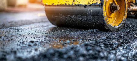 Yellow road roller paving fresh asphalt on newly constructed road for smooth surfaceの素材