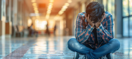 Teen girl in school corridor, portraying learning challenges and distress, with space for text.の素材