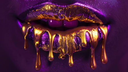 Golden liquid makeup drips on model s lips and nails, metallic skin with glossy lips in beauty shotの素材