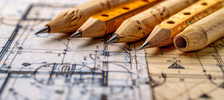 Architect s desk with intricate architectural blueprint and technical project drawingの素材