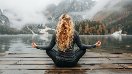 Serene young woman meditating on a wooden pier by the lake for mental health improvementの素材