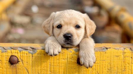 Puppy peeking over yellow wooden background, cute dog curiously looking with copy spaceの素材