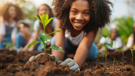 Diverse group of enthusiastic volunteers planting young trees together in urban parkの素材