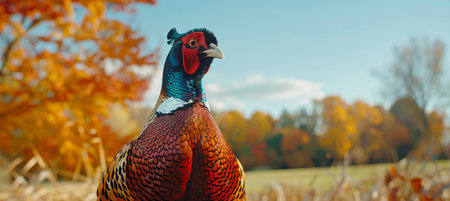 Beautiful wild pheasant in natural forest habitat with blurred background, ideal for text placementの素材