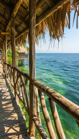 Scenic wooden walkway over turquoise ocean to overwater bungalows at tropical resortの素材