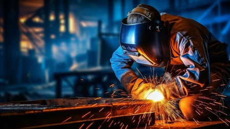 Professional welder working on medium sized pipe with blue light, close up metal welding processの素材