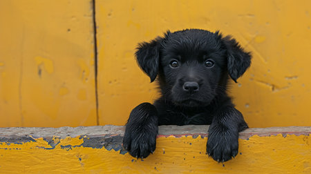 Curious puppy peeking over yellow wooden background, cute dog with paws up on blurred copy spaceの素材