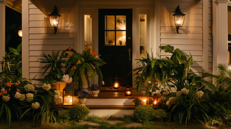 Enchanting lantern lit courtyard with greenery, colorful flowers, and traditional architecture glowの素材