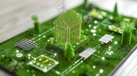 Sustainable power engineering with wind turbines, solar panels, and green energy solutions conceptの素材