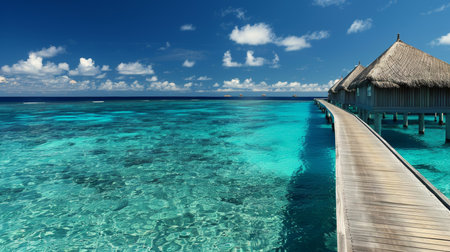 Wooden walkway over turquoise ocean leading to overwater bungalows at tropical resortの素材