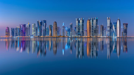 Panoramic metropolis view over sea at night with vibrant city lights and urban skyline reflections.の素材