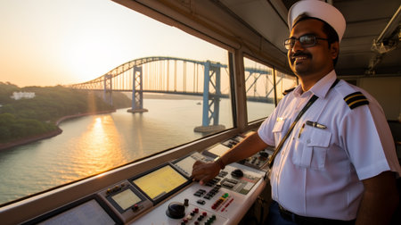 Captain and navigation officer on watch in bridge of cruise ship during cargo operationsの素材