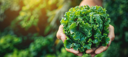 Fresh lettuce leaves held in hand, assorted lettuce selection on blurred background with copy spaceの素材