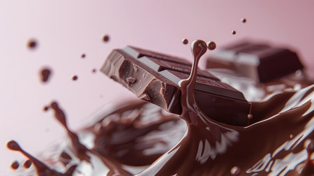 Levitating chocolate bar with splashing chocolate on pastel background, copy space for textの素材
