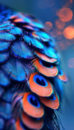 Detailed macro shots of colorful peacock feathers creating a stunning backgroundの素材
