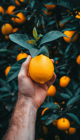 Hand holding fresh lemon with blurred background, ideal for lemon selection concept with copy spaceの素材