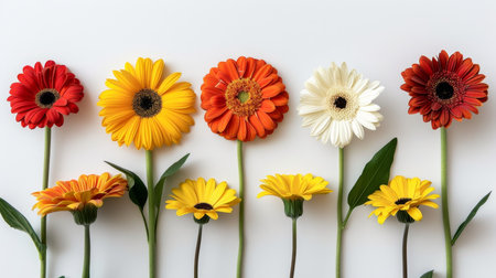 Assorted vibrant flowers on white background with ample text space for optimal placementの素材