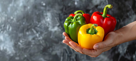 Assorted colorful bell peppers held in hand against blurred background, ideal for text placementの素材