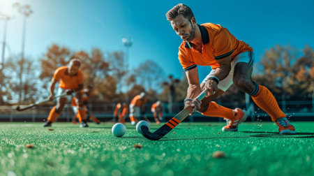 Close up of field hockey player showcasing speed and skill while dribbling ball on the fieldの素材